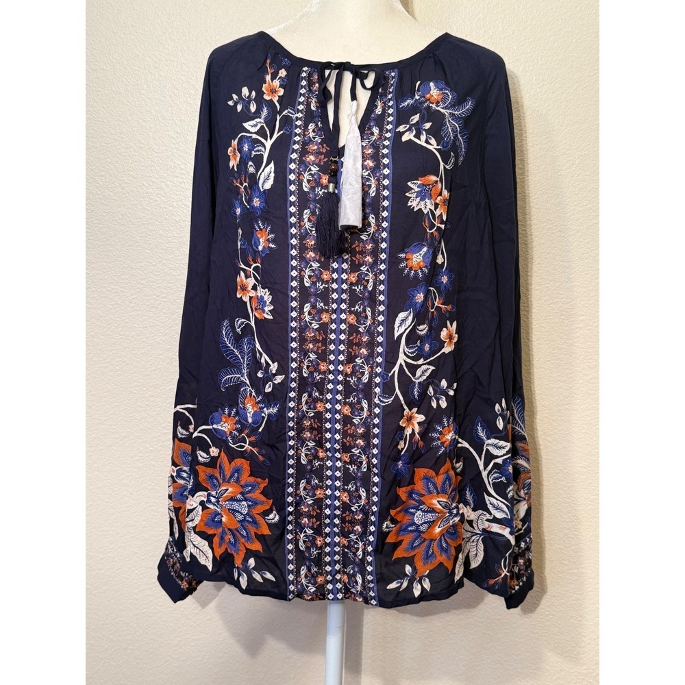 Chicos Navy Blue Floral Tassel Tie Blouse Long Sleeve Top Size 2 US 12 NEW